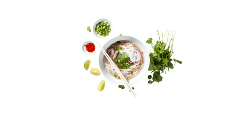 over head view of Bowl of Vietnamese Pho with rice noodles, mung beans, cilantro, spring onions and limes with PNG background