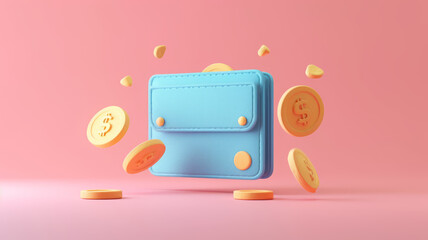 3d Gold coin falling into wallet floating on pastel background. mobile banking and Online payment service. Saving wealth. finance investment, money wallet, cashback. saving money concept.