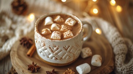 Obraz na płótnie Canvas Cozy Hot Chocolate Mug with Marshmallows. A steaming mug of hot chocolate topped with marshmallows, a cozy winter treat.