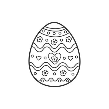 Easter egg with ornament. Coloring page for coloring book, antistress for kids and adults. Black and white vector illustration on white background. Ornament with flowers, lines, circles, hearts.