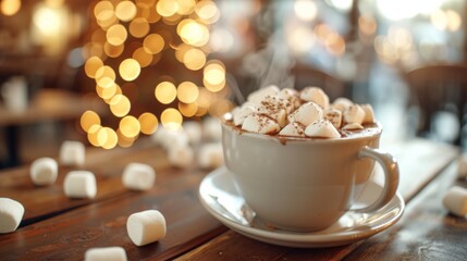 Obraz na płótnie Canvas Cozy Hot Chocolate Delight. A warm cup of hot cocoa topped with marshmallows against a bokeh background.