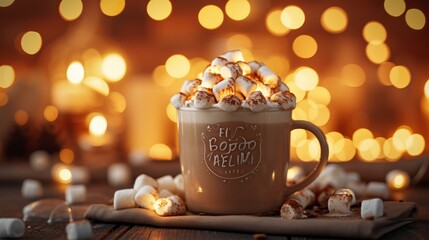 Festive Season Hot Cocoa.
A festive mug of hot chocolate with marshmallows captures the spirit of the season.