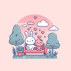 vector illustration cute couple animal character rabbit for valentines day love heart