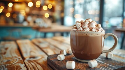 Cozy Hot Chocolate with Marshmallows.
A warm mug of hot chocolate topped with marshmallows on a wooden table with a blurred cafe background. - obrazy, fototapety, plakaty