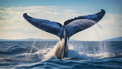 Whale tail in the sea. 3D render. - obrazy, fototapety, plakaty
