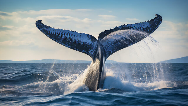 Whale tail in the sea. 3D render.