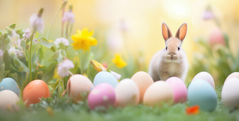 Fototapeta na wymiar A serene bunny surrounded by a spectrum of painted Easter eggs nestled in a bed of spring blooms, copy space 