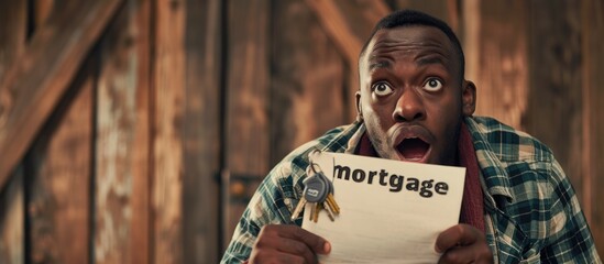 A skeptical African American man with a shocked expression holds a paper with the word "mortgage" and house keys, looking sarcastic and surprised.