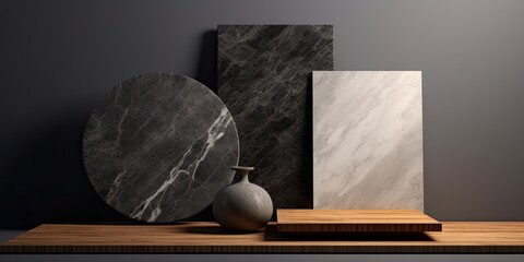 Designer picks high-end materials - black/grey marble, wooden vinyl flooring, grainy quartz, ceramic tiles - on a background with a clipping path. - obrazy, fototapety, plakaty
