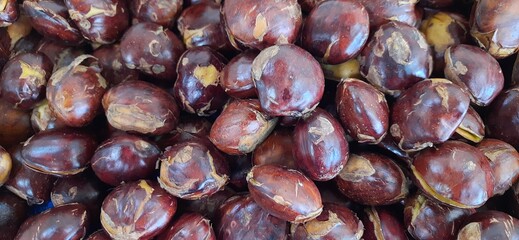 Close up of heap raw jengkol or dogfruit placed on stall of market ready to sold. Jengkol background