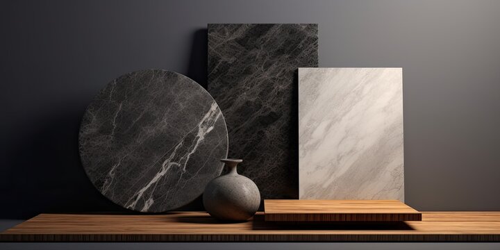 Designer picks high-end materials - black/grey marble, wooden vinyl flooring, grainy quartz, ceramic tiles - on a background with a clipping path.
