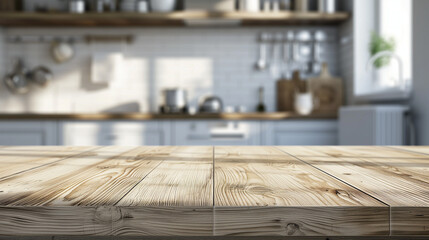 Fototapeta na wymiar Empty Kitchen counter, beautiful wooden texture of table top. Blur background, modern kitchen interior, dining area. template, mock up for product montage, display or design layout