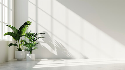 Empty Studio room background. white floor and wall, window light, plants. Product Presentation Backdrop, Display, and Mock up. Copy space, Luxury elegant Backdrop, neutral aesthetic, minimalism