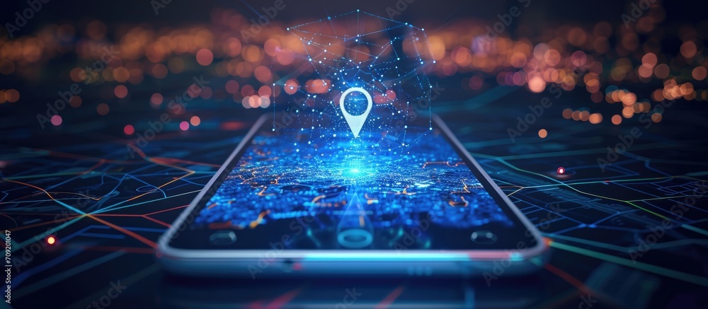 Poster digital world emerging from smartphone with gps arrow pointing forward, blending reality and technol