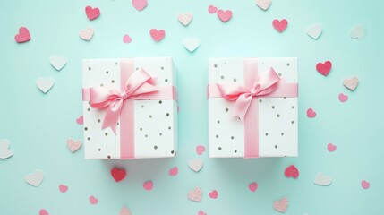 Top View Photo of Two Small White Gift Boxes with Cute Silk Pink Bows, Eustomas, and Confetti Hearts near a Big Pink Shopping Bag on Pastel Turquoise Background, Perfect for Celebratory Occasions and 