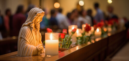 A serene religious scene depicting Jesus Christ in contemplation, with candles and red roses,...