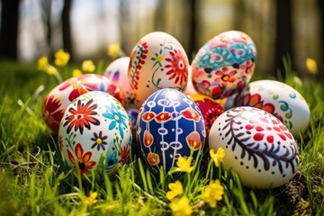 Festive Spring Celebration: Vibrant Colored Handmade Easter Egg Decorations Amidst Lush Green Meadow
