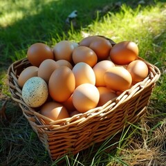 five dozen golden brown eggs in a basket