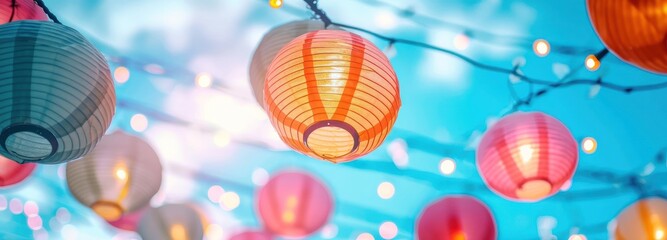 colorful paper lanterns hanging above a blue sky