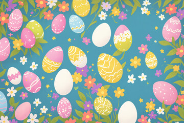 Handmade decorated Easter eggs on blue background. Generative Ai