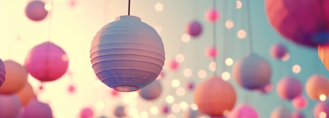 colorful paper lanterns hanging above a blue sky