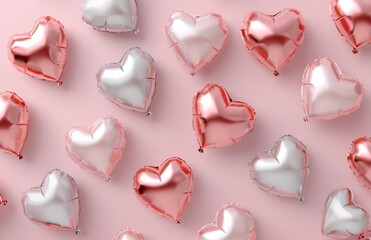 Obraz premium numerous heart shaped foil balloons on pink background