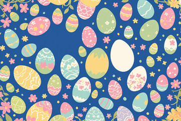 Handmade decorated Easter eggs on blue background. Generative Ai