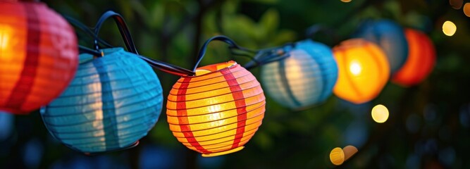 Obraz premium colorful paper lanterns light up a string in a colorful design