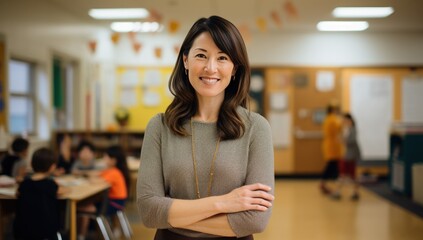 school teacher poses for pictures in a classroom