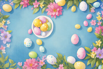 Easter watercolor spring background. Top view composition. Easter card. Paper sheet with paintbrush, eggs and spring flowers on blue or white background. Generative Ai