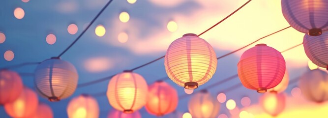 colorful paper lanterns hanging above a blue sky