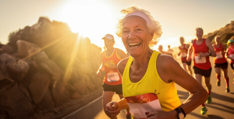 Vibrant senior athlete in marathon, joy and determination in the evening sun.
