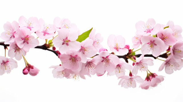 Abstract natural spring background light rosy dark flowers close up. Branch of pink sakura cherry blossom on a white background.