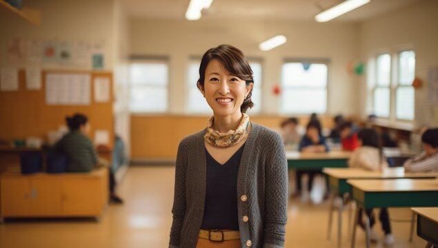 school teacher poses for pictures in a classroom
