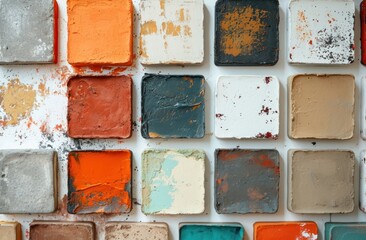 paint color samples on a white wall with beige and gray