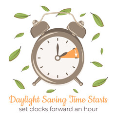 Daylight Saving Time starts in pastel colored concept with green leaves. Alarm-clock with hand points forward. Minimalistic poster DST begin in USA for web and info