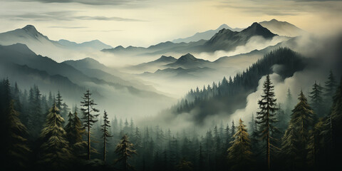 Fog conceals details of mountains range with green and long towering trees enveloped in fog inviting greater sense of wonder with mystery Foggy morning Adventure outdoor nature. - obrazy, fototapety, plakaty