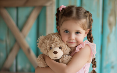 A little girl with braided hair, wearing a pink dress and holding a teddy bear