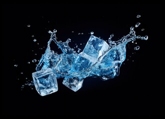 Flying ice cubes on a blue background close-up. Summer background for advertising cooling cocktails and ingredients