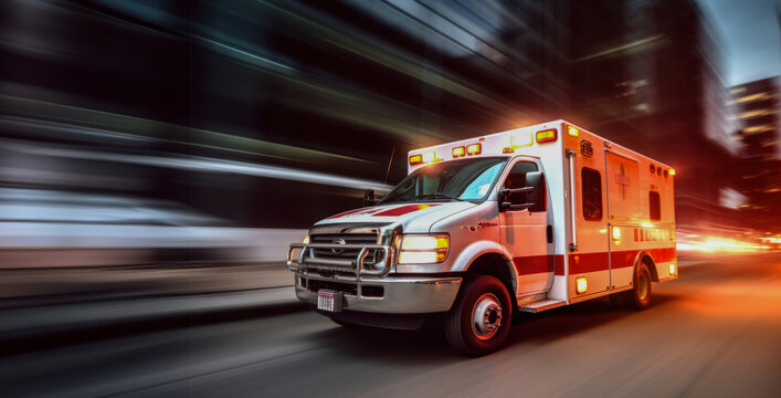 Speeding ambulance on a city street, urgency in healthcare response, concept of emergency services, copy space 