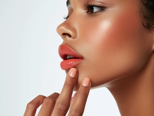 Obraz na płótnie Canvas Beautiful female lips on white background. Close-up. Perfect skin.