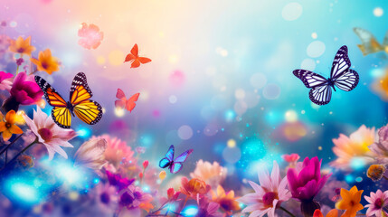 Abstract natural spring background with butterflies and light colorful colorful dark meadow flowers closeup.