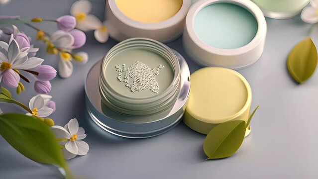 Organic cosmetic products and springtime flowers on bright background. Showcase. Natural beauty care concept.