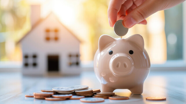 Piggy bank on house background. Focus on piggybank. Homeowner. Real estate sale, home savings, loans market concept. Housing industry mortgage plan and residential tax saving strategy.