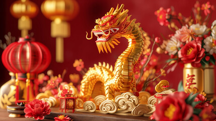 3d rendering illustration background for happy chinese new year 2024 the dragon zodiac sign with red and gold color, flower, lantern, and asian elements. Translation : year of the dragon 2024 