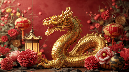 3d rendering illustration background for happy chinese new year 2024 the dragon zodiac sign with red and gold color, flower, lantern, and asian elements. Translation : year of the dragon 2024 