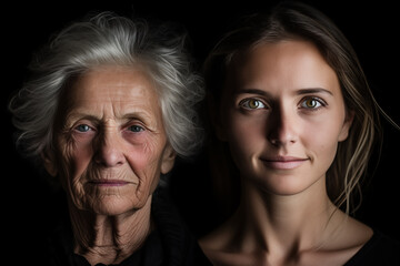 Family portrait of a young woman with her grandmother on black background. Two adults of different age. Family values and Intergenerational connections concept