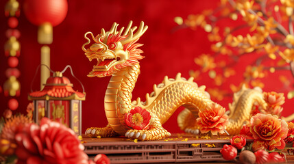 Fototapeta premium 3d rendering illustration background for happy chinese new year 2024 the dragon zodiac sign with red and gold color, flower, lantern, and asian elements. Translation : year of the dragon 2024 