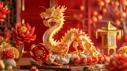 Obraz premium 3d rendering illustration background for happy chinese new year 2025 the dragon zodiac sign with red and gold color, flower, lantern, and asian elements. Translation : year of the dragon 2025