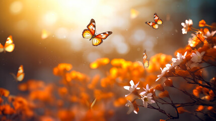 Abstract natural spring background with butterflies and light orange dark meadow flowers closeup.